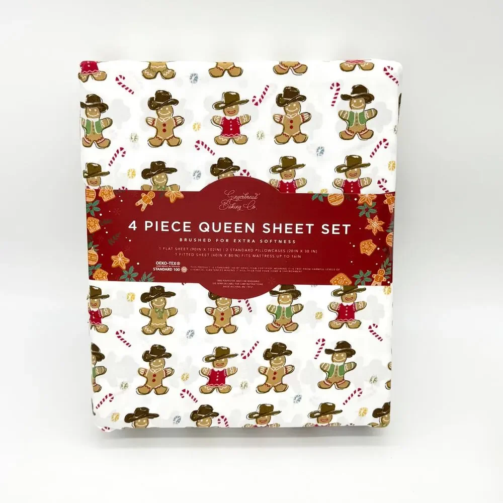 Gingerbread Baking Co Gingerbread Man Cowboy Christmas 4 pc QUEEN Sheet Set NEW